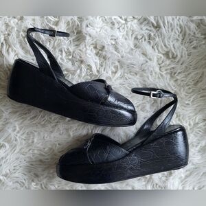 PRADA Black Croc-Embossed Ankle Strap Platform